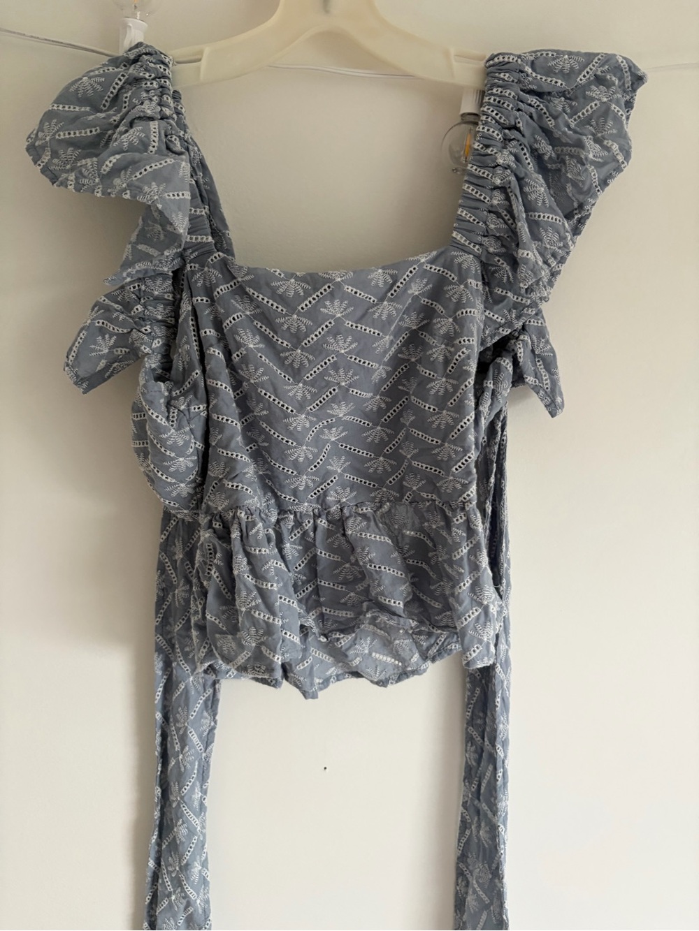 ami Embroidered Dusty Blue Eyelet top tie back